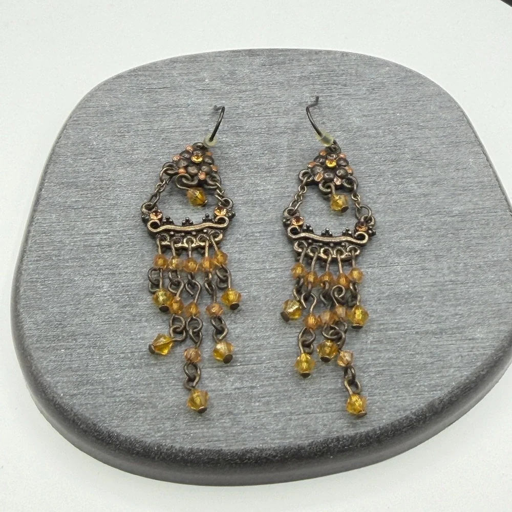 Bronze & Amber Tone Bead Chandelier Earrings Boho Floral Statement Pierced Drop
